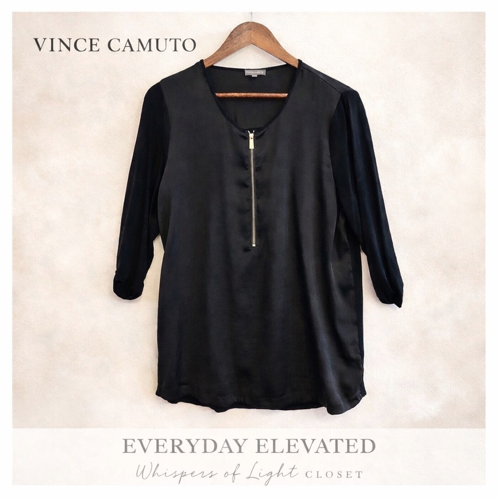 Vince Camuto Black Zip Front Blouse Sheer Back 3/4 Sleeve Size M